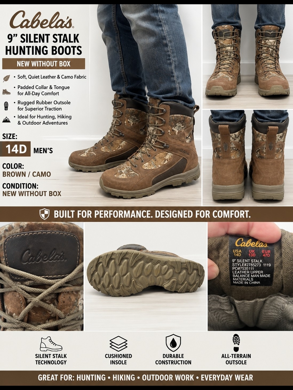 Cabela’s 9” Silent Stalk Hunting Boots – Men’s Size 14D – New Without Box